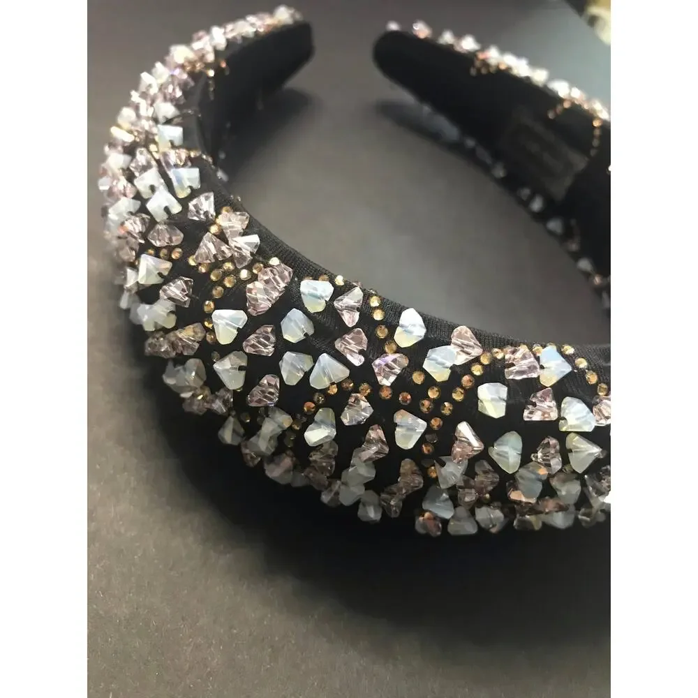 Women's Amethyst Crystal Chip Embellished Headband Black Beaded Statement